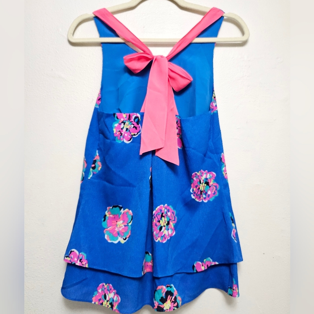 Lilly Pulitzer Maris Royce Blue Pink Floral Tie Back Tank Top Preppy Sz S